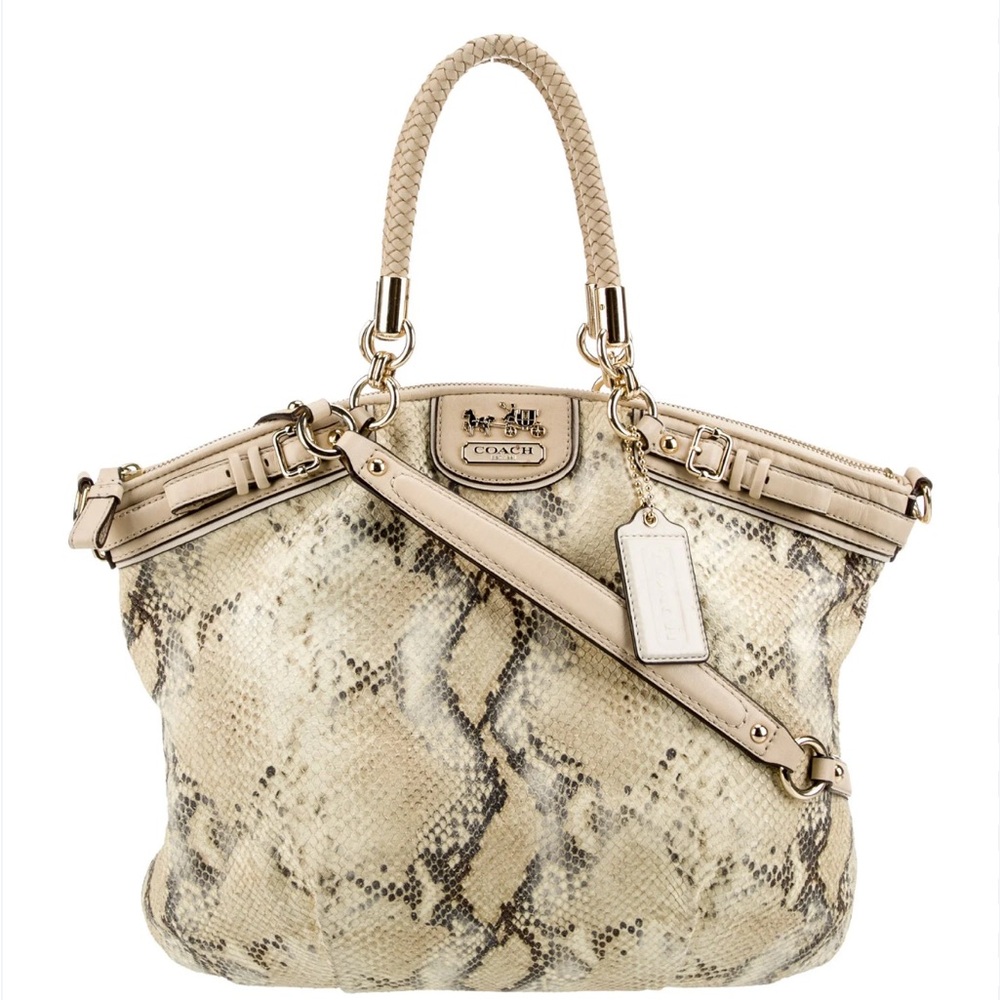Coach Snake Print Leather Beige & Brown  Shoulder Bag w Detachable Strap